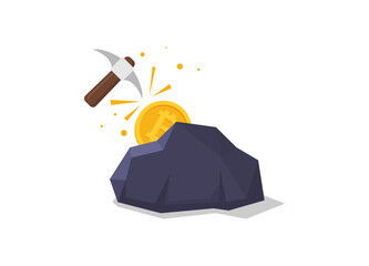 Bitcoin mining concept with pickaxe and coin flat vector