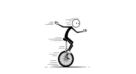 Stick figure riding a unicycle with motion lines to convey dynamic speed