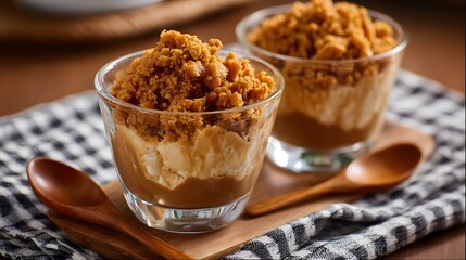 Two delicious layered desserts in glass cups with wooden spoons and a checkered napkin on a wooden surface, perfect for a sweet treat.