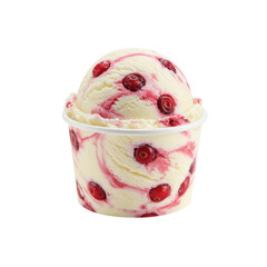 Creamy strawberry swirl ice cream in a cup, showcasing vibrant red fruit pieces