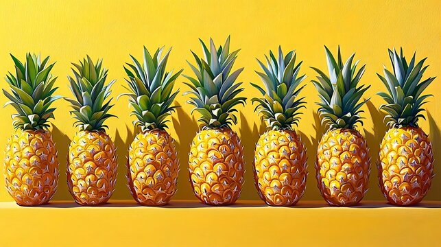Yellow background, pineapple row, sunlight, summer