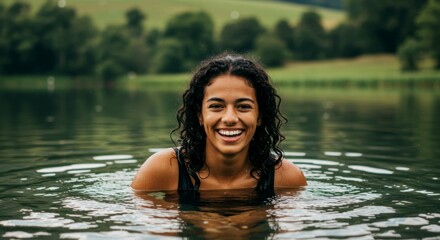 Young woman smiling in a lake