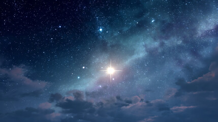 Fototapeta premium Starry Night Sky with Bright Celestial Body Over Soft Clouds and Distant Galaxy