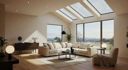 Fototapeta premium Modern living room with large windows (1)