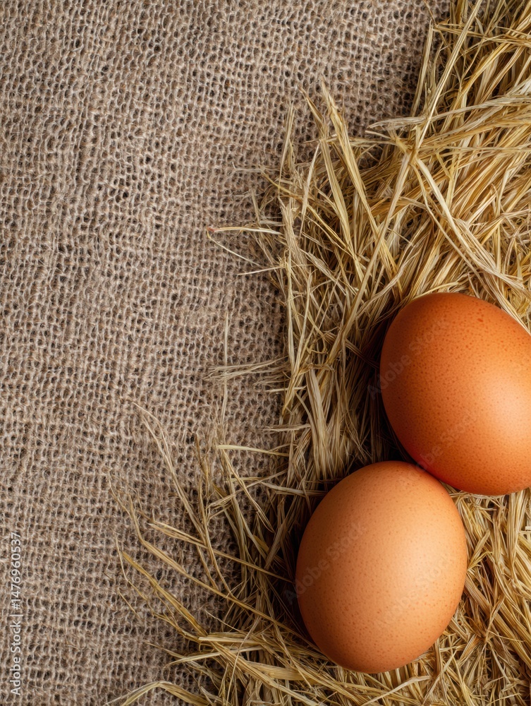 Poster organic eggs resting on straw mat, showcasing natural colors and textures in a serene setting