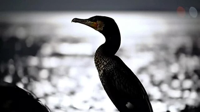 Cormorant perched by the Black Sea coast in Crimea, silhouetted against a moonlit sky. Tranquil shoreline scene with dark waterbird reflecting in the gentle waves