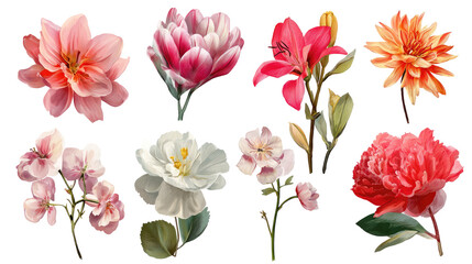 Various Beautiful Blooming Flowers Isolated on Transparent Background

