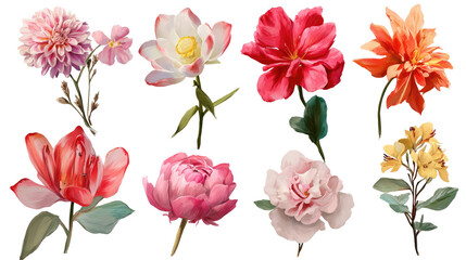 Various Beautiful Blooming Flowers Isolated on Transparent Background

