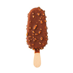 Chocolate-coated ice cream bar with crunchy nuts on a wooden stick against a plain background