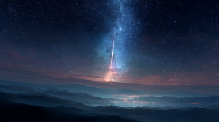 Fototapeta premium Stunning night sky view over mountains with a bright meteor shower illuminating the landscape