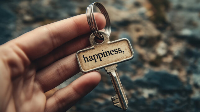 Hand holding a key labeled "happiness," representing positivity and personal empowerment