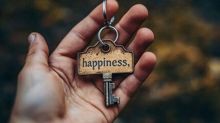 Hand holding a key labeled "happiness," representing positivity and personal empowerment
