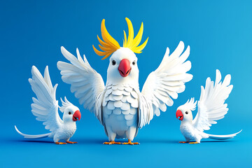 Fototapeta premium Three colorful cartoon parrots with vibrant feathers and playful expressions against a bright blue background