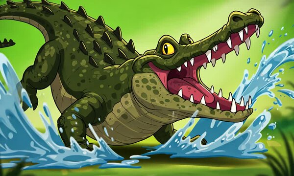 Cartoon crocodile with a gaping maw stands in splashing water