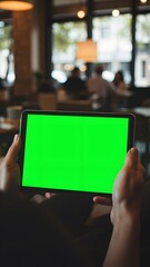 Green Screen Tablet Display in Cafe Environment