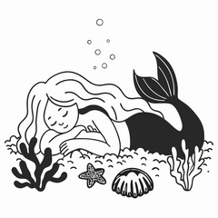 Fototapeta premium Cute little mermaid underwater animals Vector Art