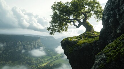 Solitary tree on cliff edge landscape