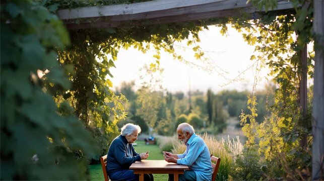 Elderly couple enjoying a lively card game amidst a serene garden with leaves gently swaying in the breeze