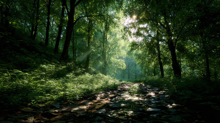 Obraz premium Peaceful green forest path with sunlight.