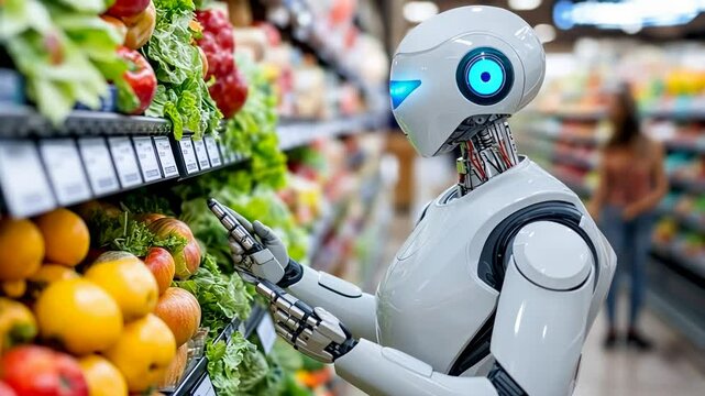 Ai robot shopping in grocery store: futuristic technology meets everyday life.