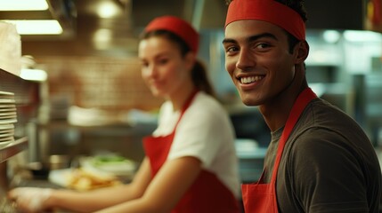 Two restaurant workers smiling while working in a kitchen
