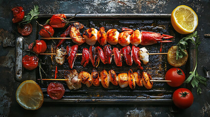  Outdoor barbecue of a prawn and fish skewers (2)