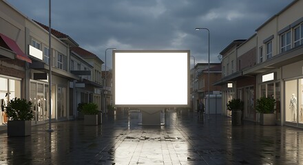 Illuminated billboard on a reflective street amidst retail buildings at twilight