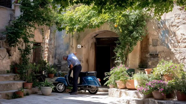 An elderly man crouches beside a classic blue scooter, seemingly performing maintenance or inspecting it, a scene set in a sun-dappled courtyard, in a small Italian or Mediterranean village