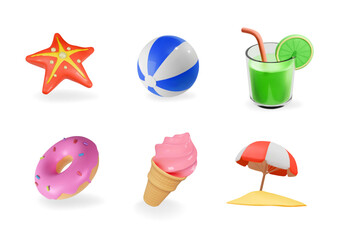 Summer vacation icons 3d set. Travel beach elements elements, isolated ice cream, cocktail mojito , beach umbrella, ball, star fish Holidays on sea