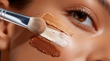 A woman is applying makeup to her face