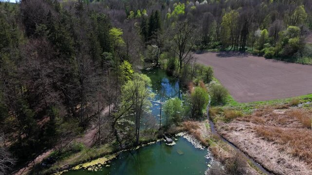 Drone shot of Spiegelweiher, fish pond chain in Grafing bei Muenchen, Bavaria, Germany. This hidden gem near Munich features quiet hiking trails, reflective waters and vibrant spring greenery. 