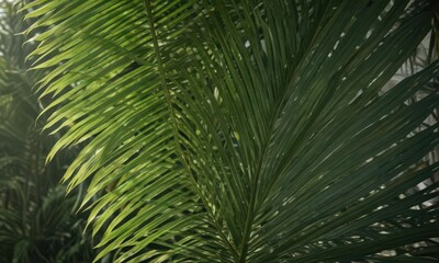 Deep green palm leaf, sunlight highlights texture ,  element,  bright,  plant life