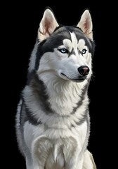 Obraz premium Siberian Husky Portrait, Blue Eyes, Black Background