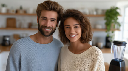 Happy couple enjoying a new blender in a bright kitchen