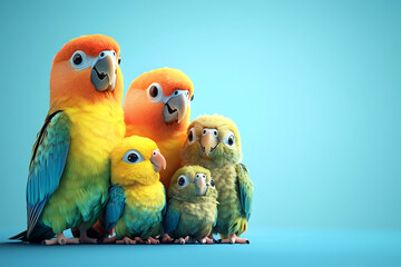 A vibrant group of colorful parrots of various sizes standing together against a blue backdrop