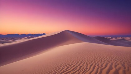 The sun sets over the desert, casting a warm glow on the dunes and painting the sky with vibrant colors.