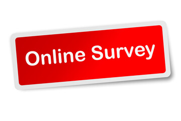 Online survey red square sticker isolated on white