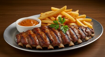 Ribs with French Fries and Sauce on Plate