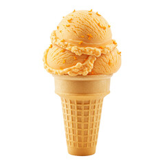 A delicious orange ice cream cone with two scoops against a plain background