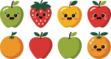 Adorable cartoon fruits with smiling faces representing freshness and healthy eating habits