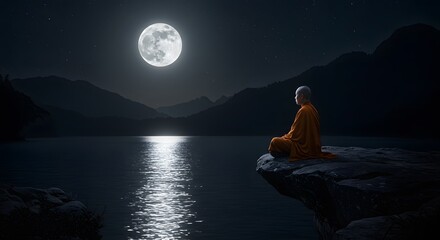 Monk Meditating Under Moonlit Night Landscape