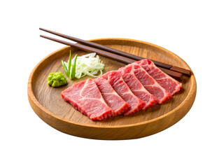 Fresh meat with spices on plate isolated on a white background.
