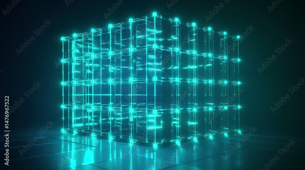 Poster Glowing cyan cube structure with interconnected nodes, reflecting on a dark floor.
