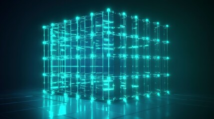 Fototapeta premium Glowing cyan cube structure with interconnected nodes, reflecting on a dark floor.