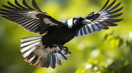 Naklejka premium Black And White Bird In Flight Against Green Background