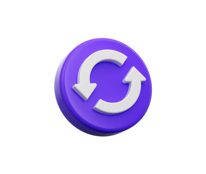 Purple circular button with a white refresh icon featuring two curved arrows, 3d illustration