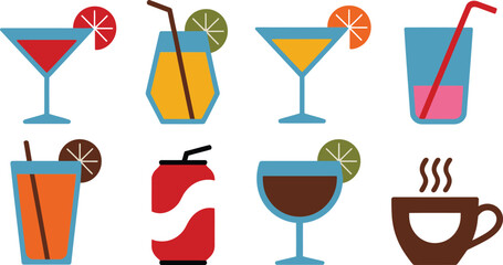 Colorful flat vector illustrations of cocktails drinks soda and coffee beverages with garnishes