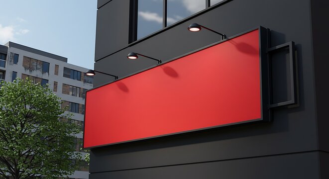Contemporary red signage mockup adorning modern building facade in urban environment
