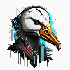 Fototapeta premium Cyberpunk-Goose-Art-Digital-Illustration-Futuristic-Bird-Design-Animal-Portrait-Geometric-Background-Modern-Artwork-Cool-Goose-Image-Detailed-Art-White-Goose-with-Gold-Beak
