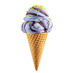 Colorful ice cream cone with blue and purple swirls topped with sprinkles, isolated